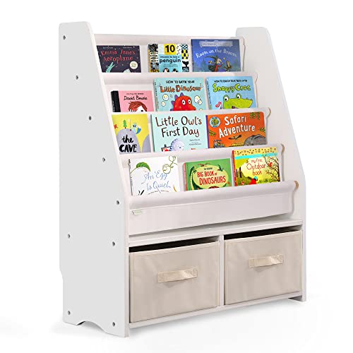 MallBest Childrens Bookshelf Kids Sling Book Rack with Two Storage Boxes and Toys Organizer Shelves Natural Solid Wood Baby Bookcase