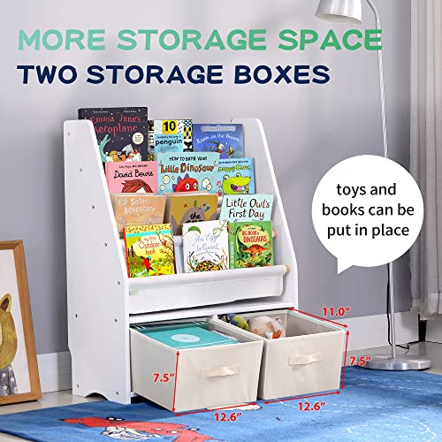 MallBest Childrens Bookshelf Kids Sling Book Rack with Two Storage Boxes and Toys Organizer Shelves Natural Solid Wood Baby Bookcase