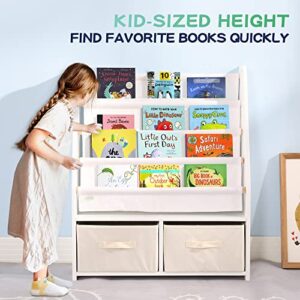 MallBest Childrens Bookshelf Kids Sling Book Rack with Two Storage Boxes and Toys Organizer Shelves Natural Solid Wood Baby Bookcase