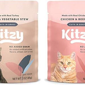 Amazon Brand - Kitzy Wet Cat Food, Variety Pack (Turkey & Vegetable/Chicken & Beef ) Stew Cuts in Gravy, Grain Free, 3 Oz Pouches (Pack of 24)