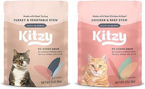 Amazon Brand - Kitzy Wet Cat Food, Variety Pack (Turkey & Vegetable/Chicken & Beef ) Stew Cuts in Gravy, Grain Free, 3 Oz Pouches (Pack of 24)