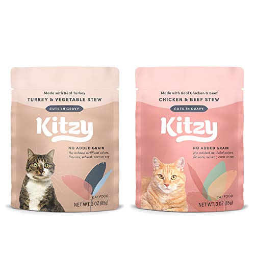 Amazon Brand - Kitzy Wet Cat Food, Variety Pack (Turkey & Vegetable/Chicken & Beef ) Stew Cuts in Gravy, Grain Free, 3 Oz Pouches (Pack of 24)