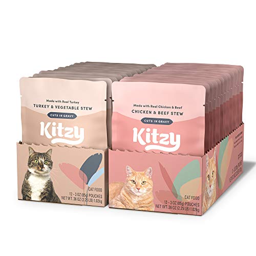 Amazon Brand - Kitzy Wet Cat Food, Variety Pack (Turkey & Vegetable/Chicken & Beef ) Stew Cuts in Gravy, Grain Free, 3 Oz Pouches (Pack of 24)