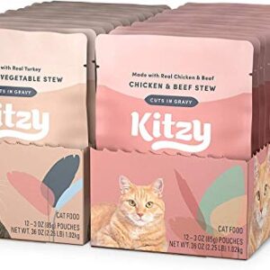 Amazon Brand - Kitzy Wet Cat Food, Variety Pack (Turkey & Vegetable/Chicken & Beef ) Stew Cuts in Gravy, Grain Free, 3 Oz Pouches (Pack of 24)