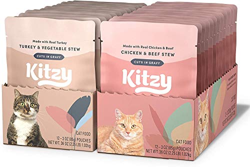 Amazon Brand - Kitzy Wet Cat Food, Variety Pack (Turkey & Vegetable/Chicken & Beef ) Stew Cuts in Gravy, Grain Free, 3 Oz Pouches (Pack of 24)