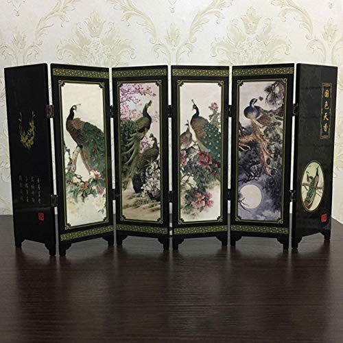 Luwsldirr Wooden 10 pcs 6-Panel Peacock Screen Room Divider Folding Partition Gift Desktop Decor - Black