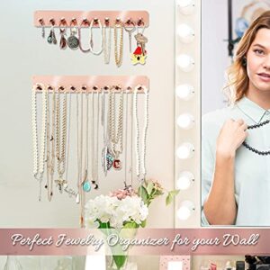 Boxy Concepts Necklace Organizer - 2 Pack - Easy-Install 10.5"x1.5" Hanging Necklace Holder Wall Mount with 10 Necklace Hooks - Beautiful Necklace Hanger also for Bracelets and Earrings (Rose Gold)