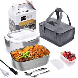 FORABEST Electric Lunch Box - Fast 60W Food Heater 3-In-1 Portable Food Warmer Lunch Box for Car & Home – Leak proof, 2 Compartments, Removable 304 Stainless Steel Container, fork, spoon and Carry Bag