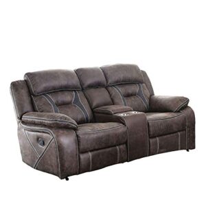 benjara faux leather upholstered loveseat with pillow back and center console, brown