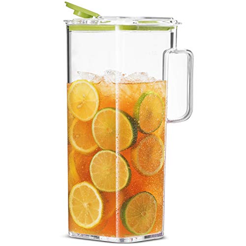 Komax Large Plastic Water Pitcher with Lid Square Water Carafe with Lids – BPA-Free, Dishwasher Safe Plastic Pitcher – Water, Tea, or Juice Containers with Lids for Fridge (2.3 Liters)