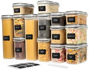 large set 28 pc airtight food storage containers with lids (14 container set) airtight plastic dry food space saver boxes, one lid fits all - stackable freezer refrigerator kitchen storage containers