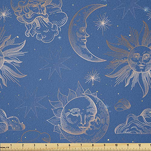 Ambesonne Magic Moon Fabric by The Yard, Celestial Sun and Moon Night Sky Occult Mystic Depiction, Stretch Knit Fabric for Clothing Sewing and Arts Crafts, 1 Yard, Blue