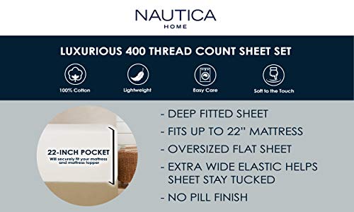 Nautica - Queen Sheets, Cotton Sateen Bedding, 400 Thread Count, Silky Smooth & Wrinkle Resistant (Regatta White, Queen)