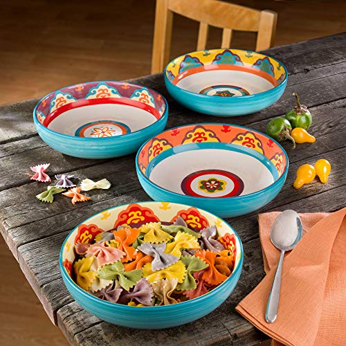 EuroCeramica Galicia Andalusian-Inspired Collection, Pasta Bowls Set of 4, Vibrant Assorted Patterns, Multicolor Design