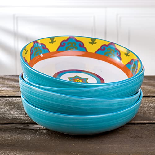 EuroCeramica Galicia Andalusian-Inspired Collection, Pasta Bowls Set of 4, Vibrant Assorted Patterns, Multicolor Design