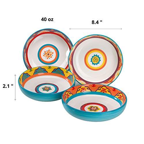 EuroCeramica Galicia Andalusian-Inspired Collection, Pasta Bowls Set of 4, Vibrant Assorted Patterns, Multicolor Design