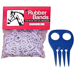 horse mane braiding and banding bundle - mane/tail rubber bands, braid aid braiding comb (white)