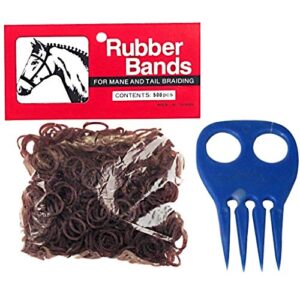 horse mane braiding and banding bundle - mane/tail rubber bands, braid aid braiding comb (brown)