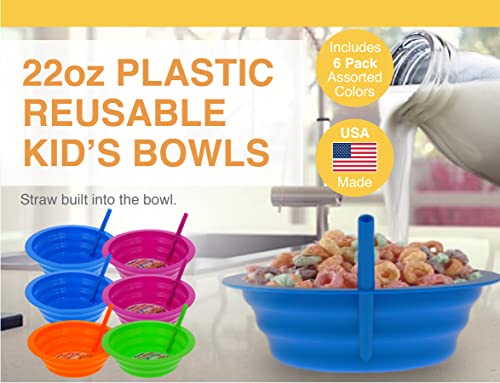 Arrow Home Products Sip-A-Bowl Set, 22oz, 6pk - BPA Free Straw Bowls for Kids To Sip Up Every Drop Without the Mess -Made in the USA, Great for Cereal, Ice Cream, Soup, Milk-Blue, Pink, Green, Orange