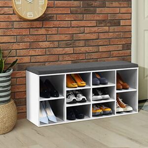 Giantex Shoe Storage Bench with Cushion, Entryway Shoe Rack Bench, Adjustable Shelves, 10-Cubbies Shoe Organizer Bench for Entryway, Living Room, Bedroom, Hallway, Closet, Mudroom (White)