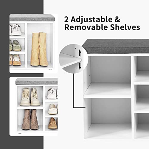 Giantex Shoe Storage Bench with Cushion, Entryway Shoe Rack Bench, Adjustable Shelves, 10-Cubbies Shoe Organizer Bench for Entryway, Living Room, Bedroom, Hallway, Closet, Mudroom (White)