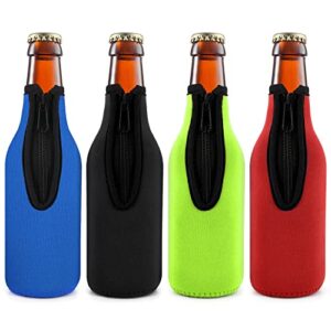 4 pcs beer bottle insulator sleeve different color. zip-up bottle jackets. keeps beer cold and hands warm. classic extra thick neoprene with stitched fabric edges, enclosed bottom, perfect fit