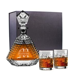 Personalized Scotch Whiskey Bourbon Glass 23 oz Decanter and 2 Glasses Set - Custom Engraved - Triangle Shape