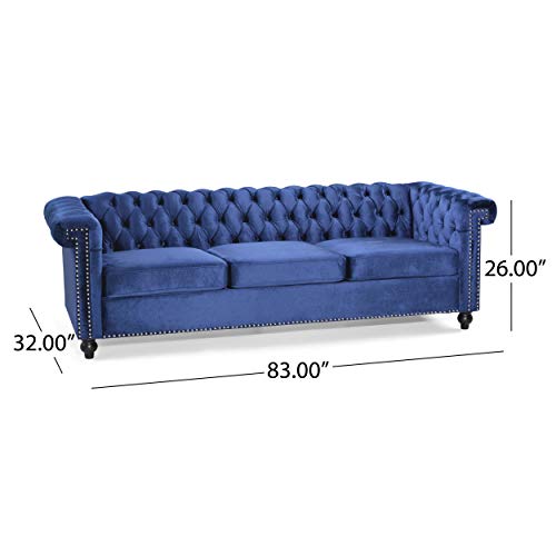 Great Deal Furniture Laura Tufted Chesterfield Velvet 3 Seater Sofa, Midnight Blue and Dark Brown