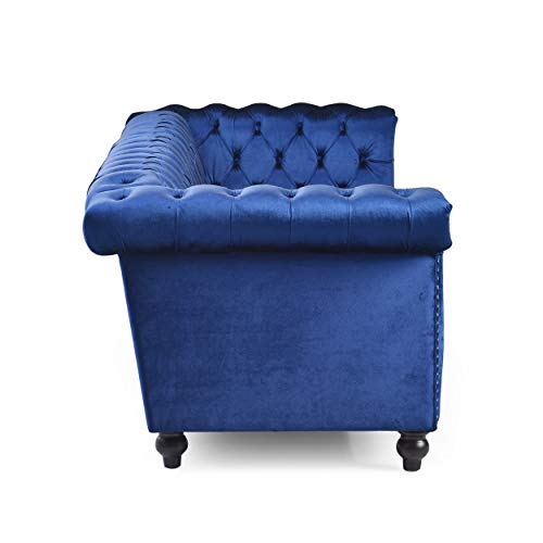 Great Deal Furniture Laura Tufted Chesterfield Velvet 3 Seater Sofa, Midnight Blue and Dark Brown