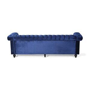 Great Deal Furniture Laura Tufted Chesterfield Velvet 3 Seater Sofa, Midnight Blue and Dark Brown