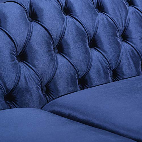 Great Deal Furniture Laura Tufted Chesterfield Velvet 3 Seater Sofa, Midnight Blue and Dark Brown
