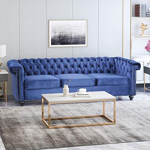 Great Deal Furniture Laura Tufted Chesterfield Velvet 3 Seater Sofa, Midnight Blue and Dark Brown