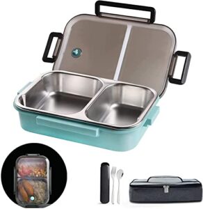 lanskyware 2 compartments bento lunch box with insulated lunch bag and portable utensils, stainless steel food lunch containers for adults men women
