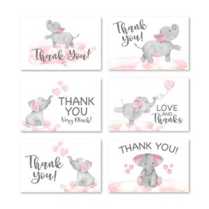 24 pink elephant baby shower thank you cards with envelopes, kids thank you note, animal 4x6 varied gratitude card pack for party, girl children birthday, cute event appreciation stationery