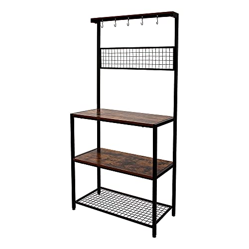 AZL1 Life Concept Industrial Kitchen Rack Cupboard with 10 Hooks, Mesh Panel, 3 Shelves, and Adjustable Feet, for Microwave Oven Cooking Utensils, 33.1 inches, Rustic Brown