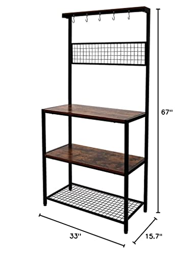 AZL1 Life Concept Industrial Kitchen Rack Cupboard with 10 Hooks, Mesh Panel, 3 Shelves, and Adjustable Feet, for Microwave Oven Cooking Utensils, 33.1 inches, Rustic Brown