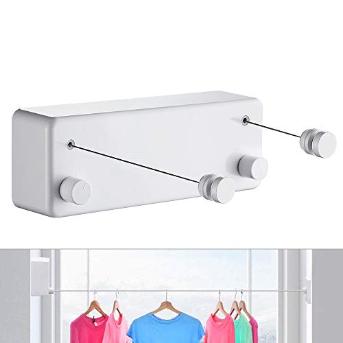 JOOM Retractable Clothesline Indoor Double Clothes Lines retracting | Heavy Duty for Drying Laundry line Outdoor|Wall Mounted Stainless Steel 13.8Feet Two line (White)