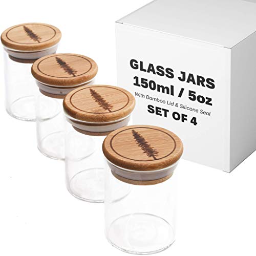 HighTree 5oz Glass Jars with Bamboo Lids and Airtight Silicone Seal, 150ml Spice Jars with Wood Lids (4 Pack)