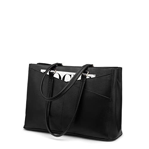 Laptop Tote Bag for Women 15.6 Inch Waterproof Leather Computer Bags Business Office Work Briefcase Black