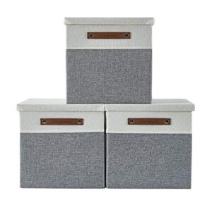 decomomo cube storage bins | fabric storage cubes with lid closet organizer cubby bins for shelves cloth nursery decorative basket with handles (grey and white, 13 x 13 x 13 inch)