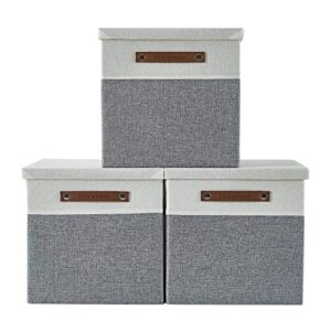 DECOMOMO Cube Storage Bins | Fabric Storage Cubes with Lid Closet Organizer Cubby Bins for Shelves Cloth Nursery Decorative Basket with Handles (Grey and White, 13 x 13 x 13 inch)