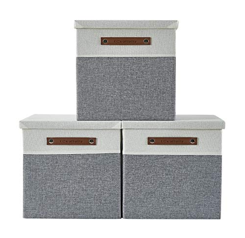 DECOMOMO Cube Storage Bins | Fabric Storage Cubes with Lid Closet Organizer Cubby Bins for Shelves Cloth Nursery Decorative Basket with Handles (Grey and White, 13 x 13 x 13 inch)