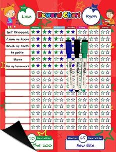 magnetic reward behavior star chore chart for one or two kids 17 x 13 includes: 3 color dry erase markers green, blue, black, flexible chart with full magnet backing for fridge teaches responsibility