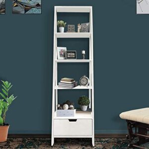 The Urban Port 4-Shelf Wooden Ladder Bookcase with Bottom Drawer, Distressed White