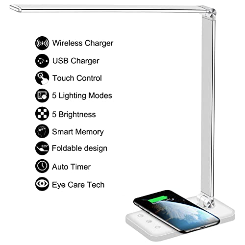 AFROG Multifunctional LED Desk Lamp with Wireless Charger, USB Charging Port, 5 Lighting Modes,5 Brightness Levels, Sensitive Control, 30/62 min Auto Timer, Eye-Caring Office Lamp with Adapter