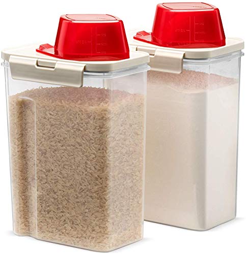 Komax Rice Container – Dry Food Storage Containers – BPA-Free Plastic Containers for Rice & Grain Storage – Rice Dispenser w/Lid & Measuring Scoop – Dishwasher Safe Food Containers (Set of 2)