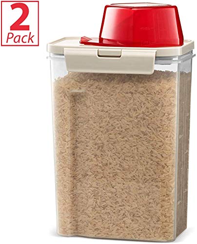 Komax Rice Container – Dry Food Storage Containers – BPA-Free Plastic Containers for Rice & Grain Storage – Rice Dispenser w/Lid & Measuring Scoop – Dishwasher Safe Food Containers (Set of 2)