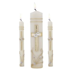 cb church supply hand crafted wedding candle set by will & baumer, set of 3, ornate cross