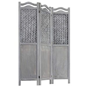 mygift vintage gray woven 3 panel room divider screen with wooden frame, privacy folding screen room divider
