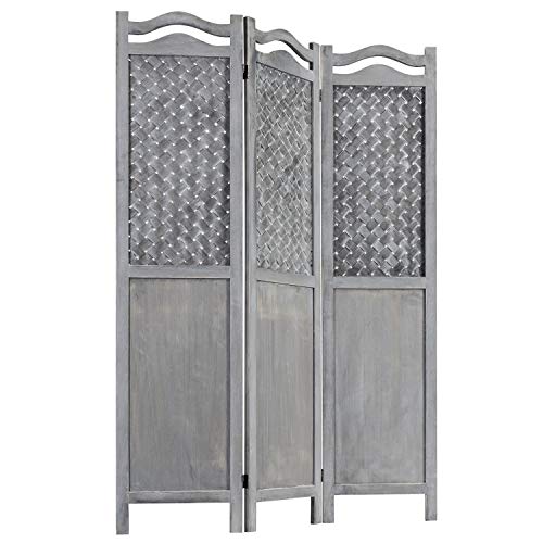 MyGift Vintage Gray Woven 3 Panel Room Divider Screen with Wooden Frame, Privacy Folding Screen Room Divider